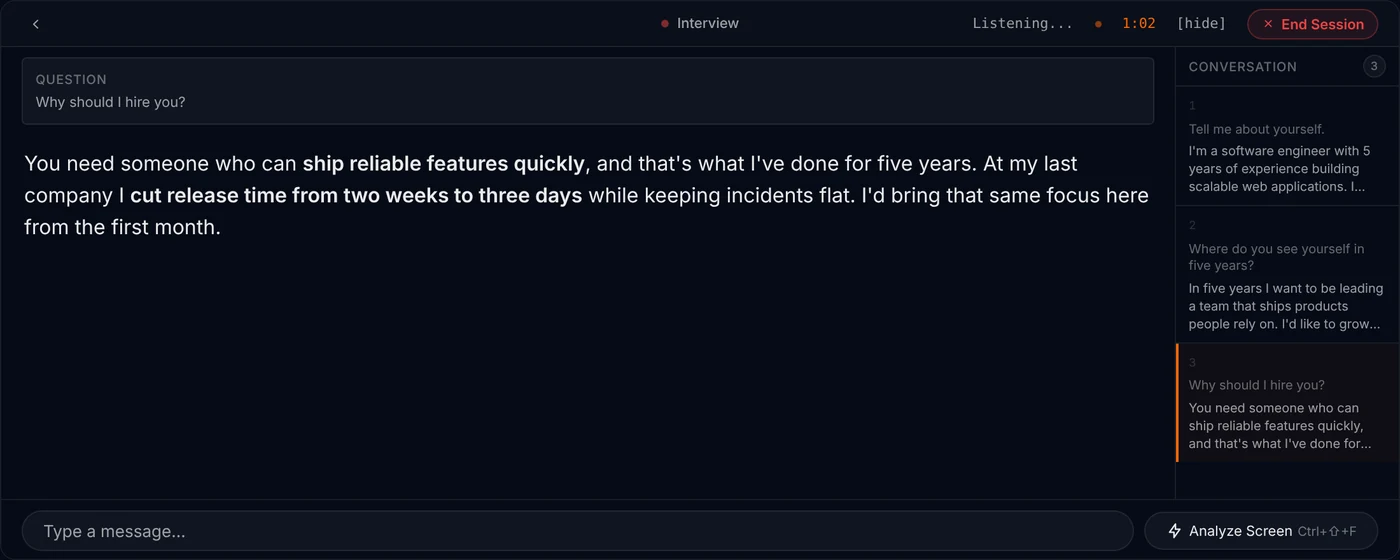 MuteHint's live session screen in the Interview profile, listening, with a timer at 1:02. The question reads: Why should I hire you? Below it is a three-sentence answer with two phrases in bold, and a Conversation panel on the right lists the three questions asked so far.