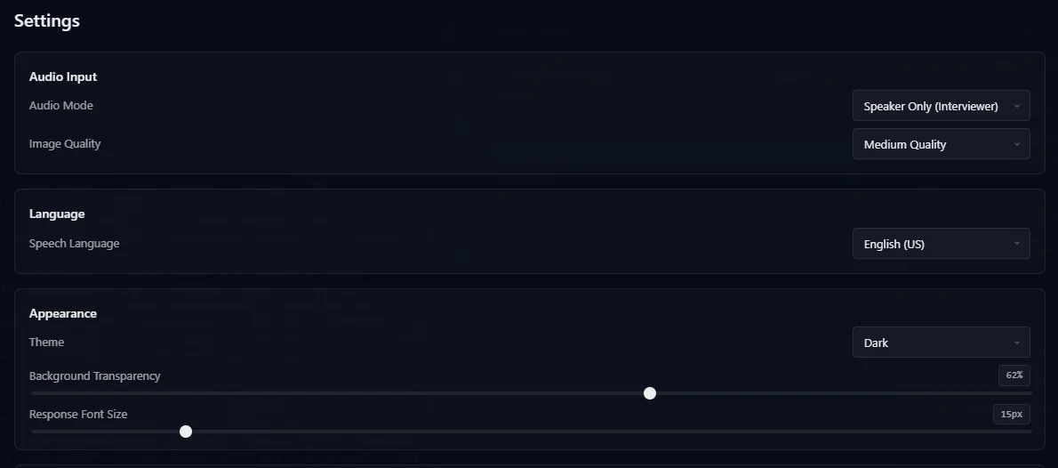 MuteHint's Settings screen: audio mode, speech language, theme, a background transparency slider at 62% and a response font size slider at 15px.
