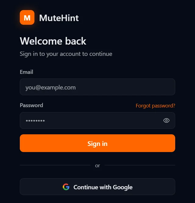 The MuteHint app's sign-in screen, with email and password fields and a Continue with Google button.